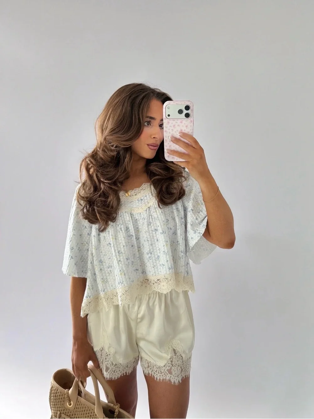 Light Blue Floral Lace Trim Top - Picture 1 of 1